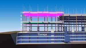 a computer rendering of a garage with several floors aboveground and three level underground. The top level is highlighted in bright pink