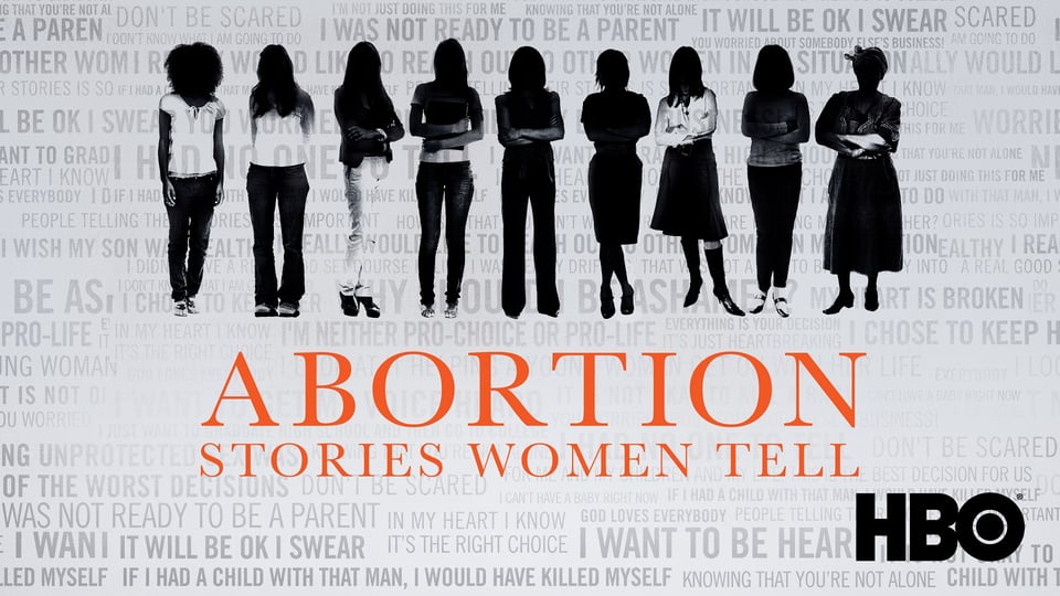 A lineup of partially silhouetted women with different styles of hair and dress stand against a backdrop of words and phrases articulating feelings. The film title appears below the figures.